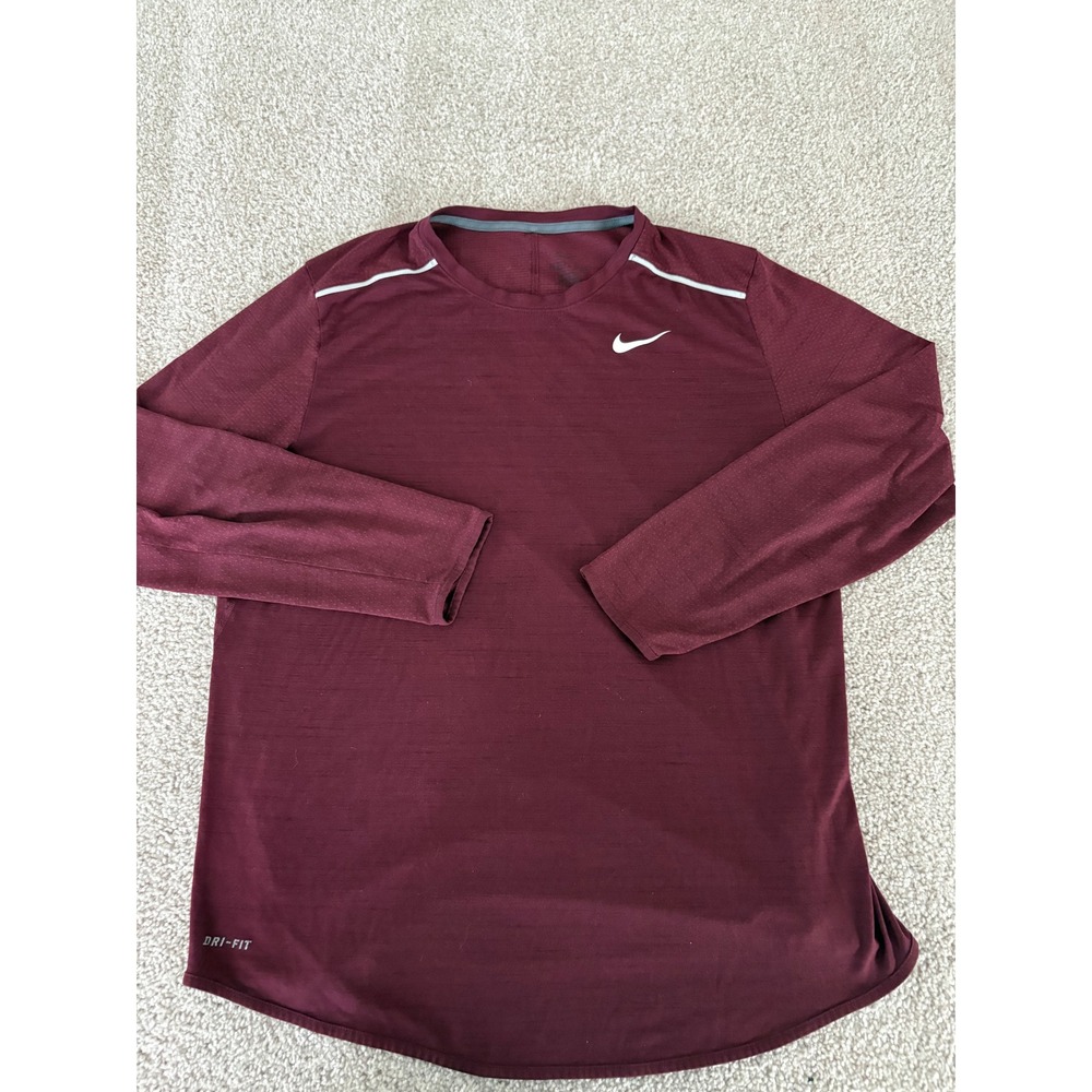 Nike Dri-FIT Mens Long Sleeve Running Shirt Maroon Burgundy Reflective Large XL